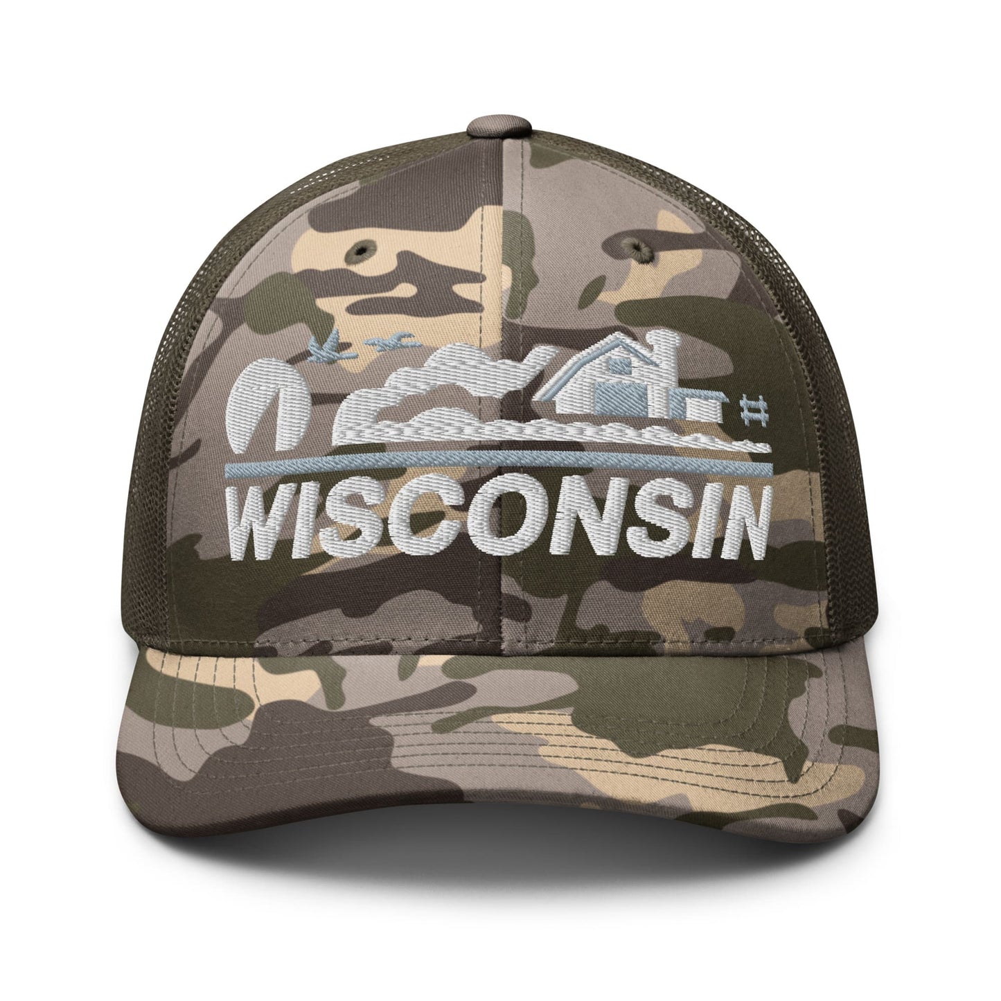 Camouflage cap with 'Wisconsin' text on a white background