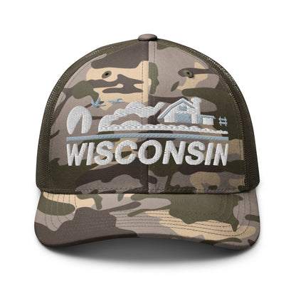 Camouflage cap with 'Wisconsin' text on a white background