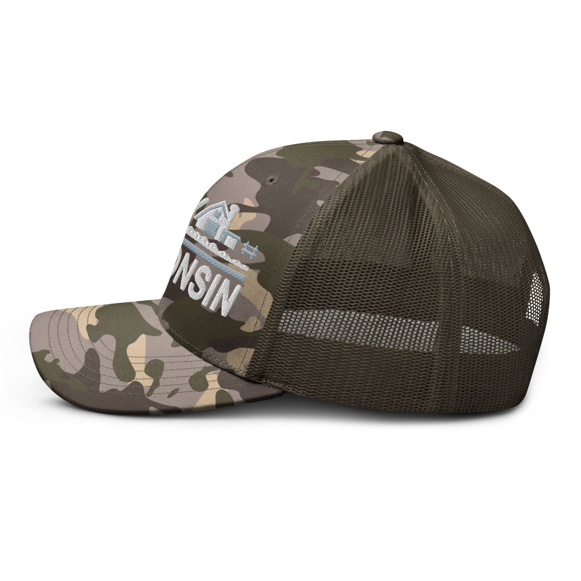 Camouflage baseball cap with 'Wisconsin' text on a white background