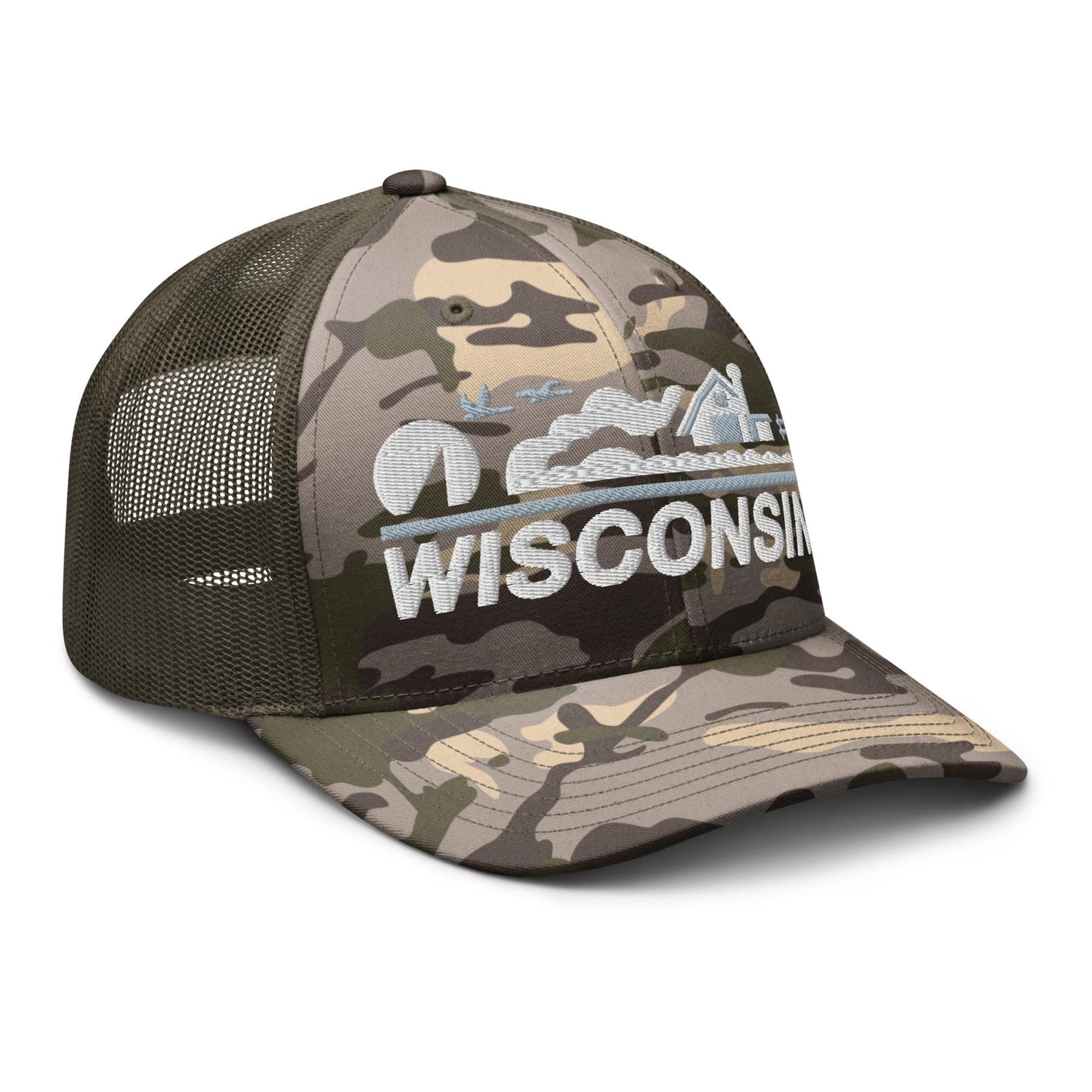 Camouflage cap with 'Wisconsin' text on a white background