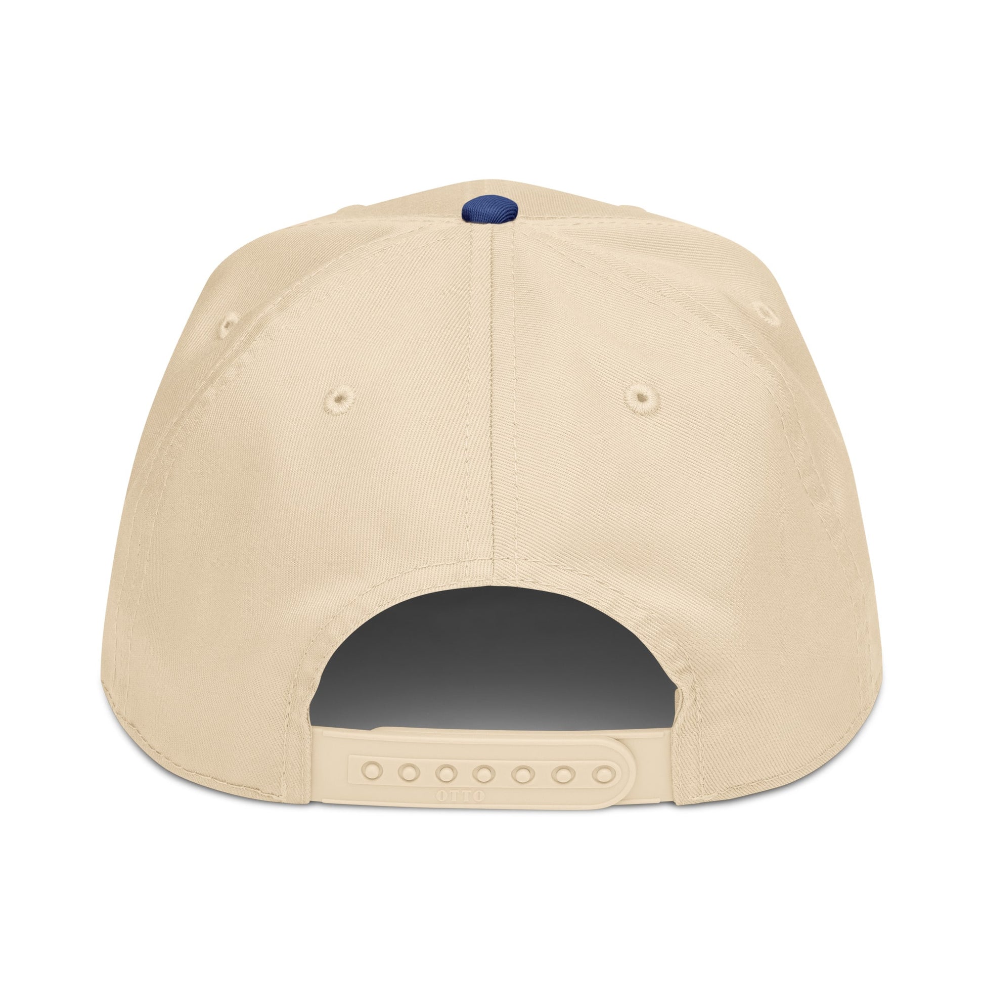 Beige cap with a blue button on the back against a white background