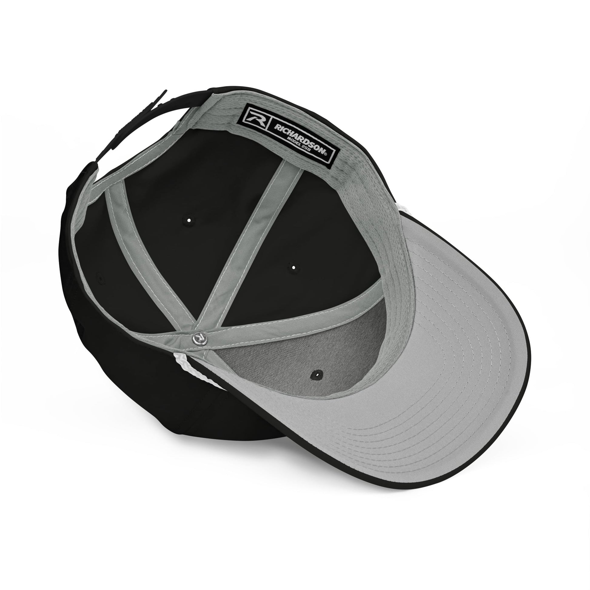 Gray and black cap with a brand logo on a white background