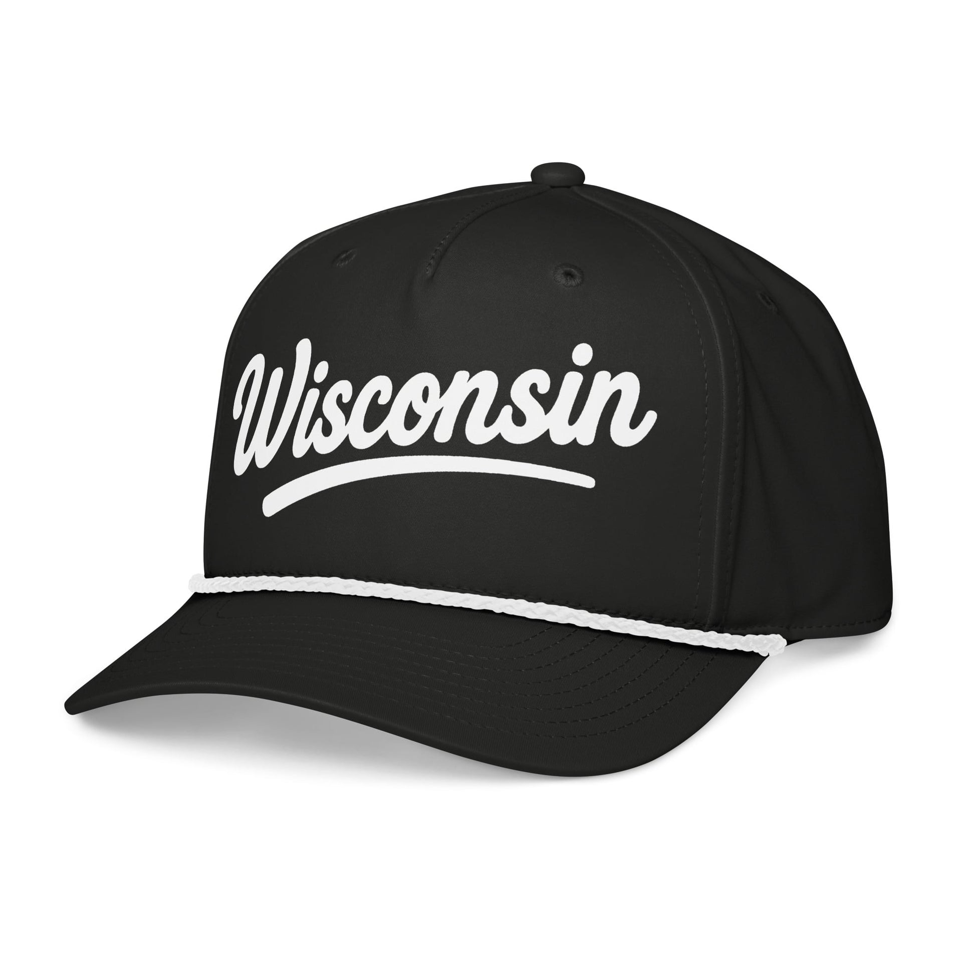 Black cap with 'Wisconsin' written in white on a white background