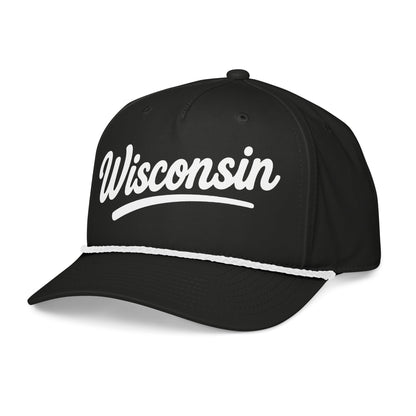 Black cap with 'Wisconsin' written in white on a white background