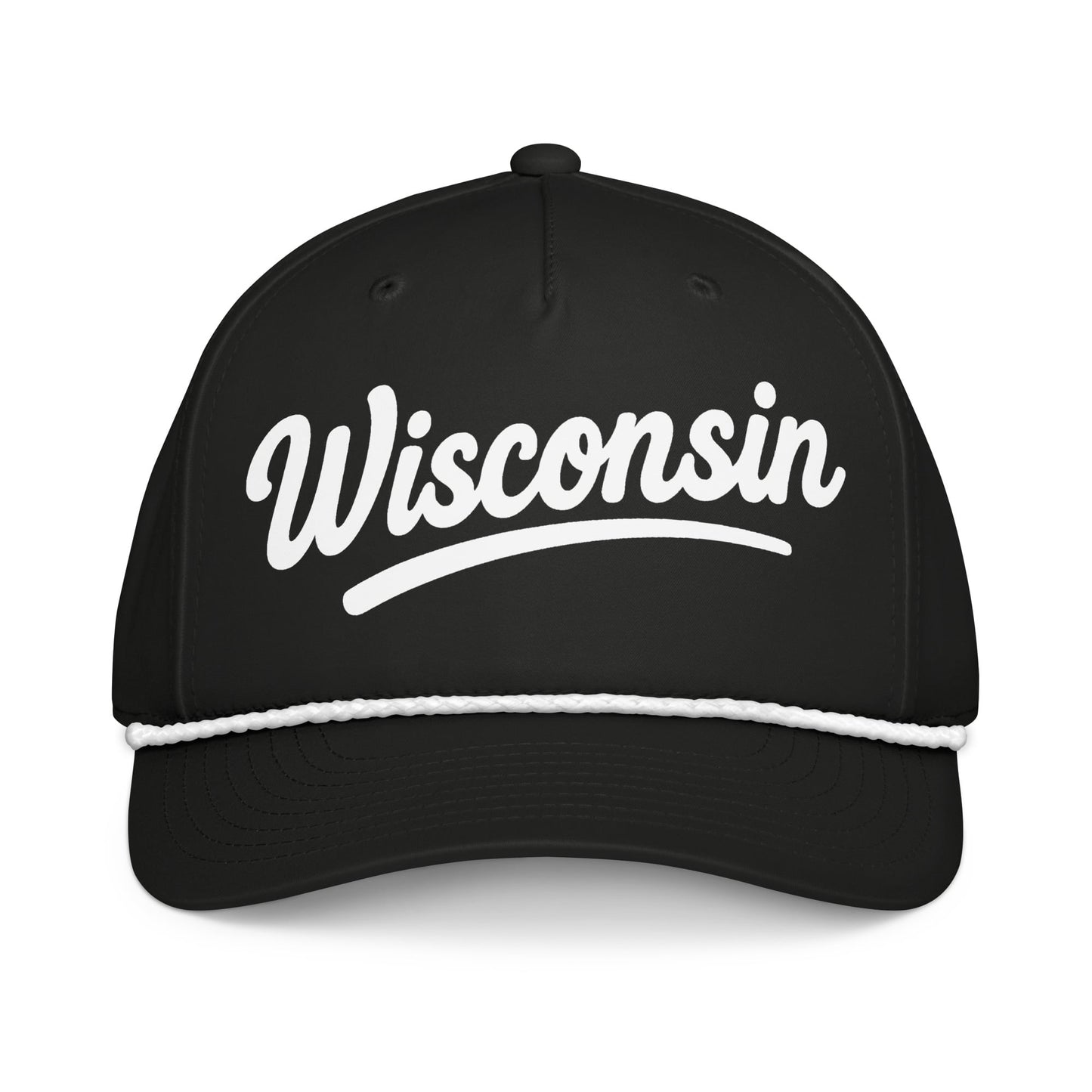 Black cap with 'Wisconsin' written in white on a white background
