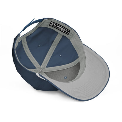 Navy and gray cap with a brand logo on a white background