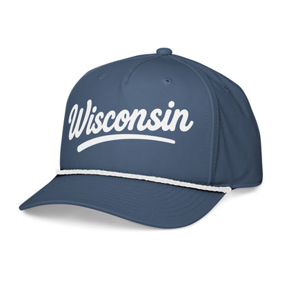 Blue cap with 'Wisconsin' text on a white background