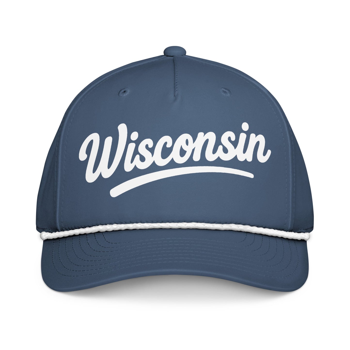 Blue cap with 'Wisconsin' printed on it against a white background