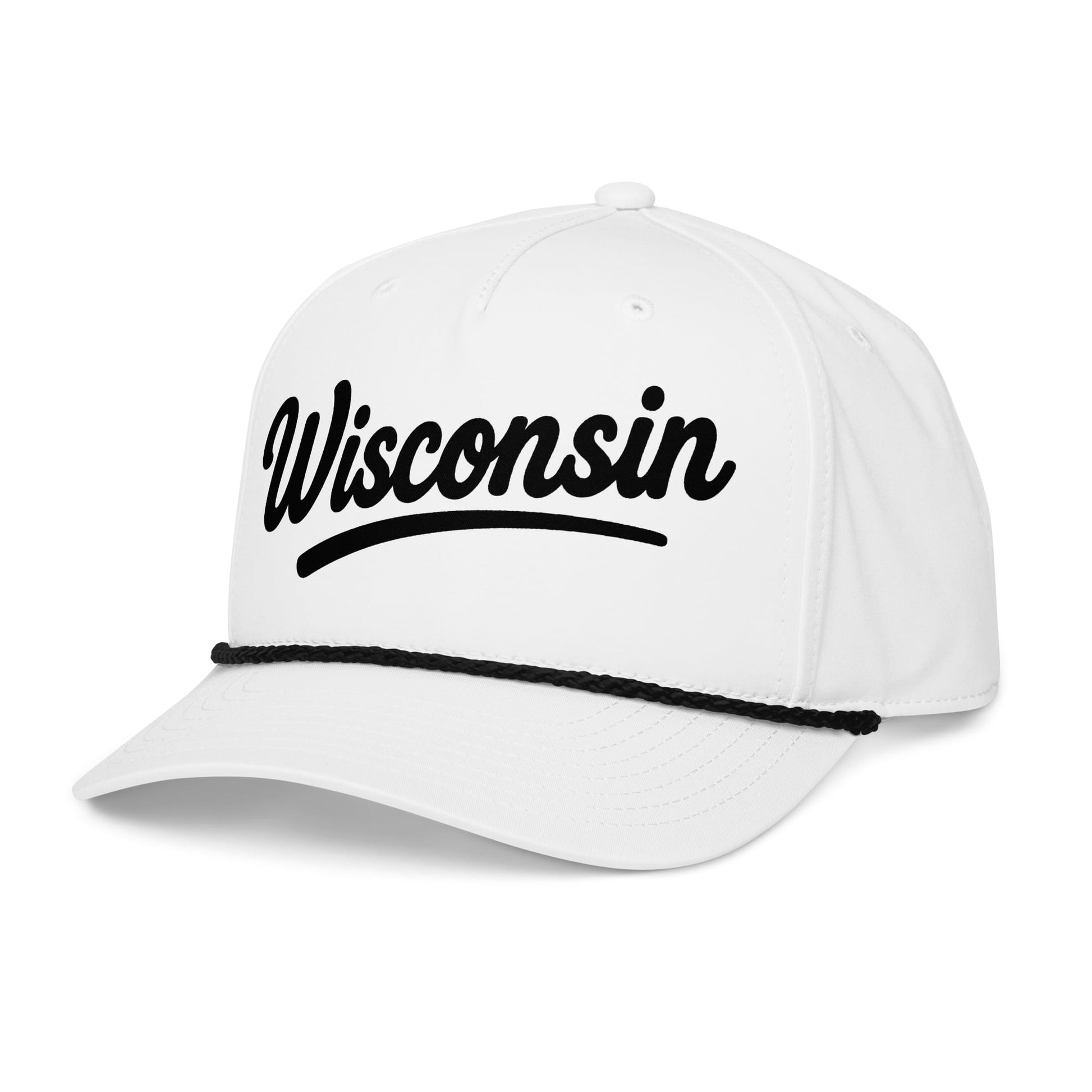 White cap with 'Wisconsin' text on a white background