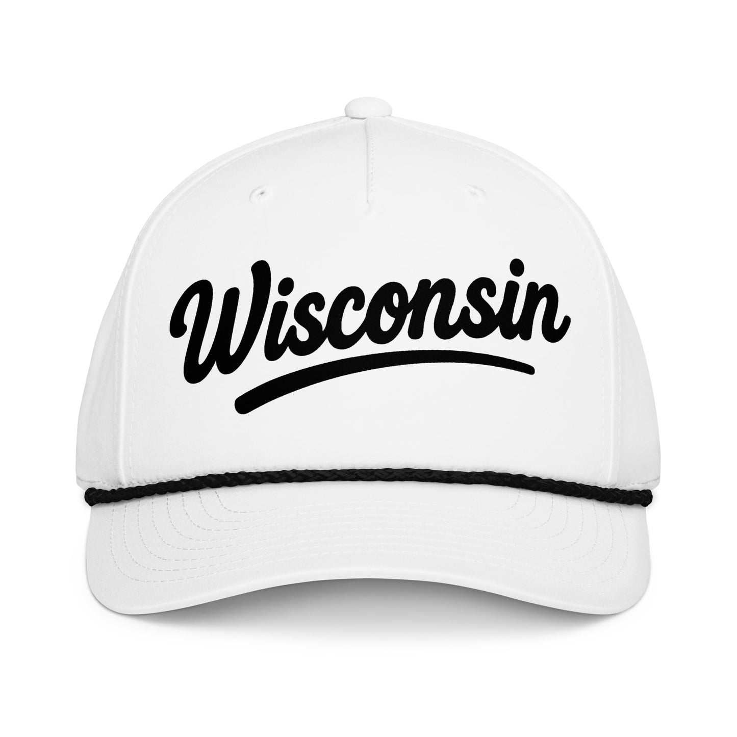 White cap with 'Wisconsin' printed on it against a white background