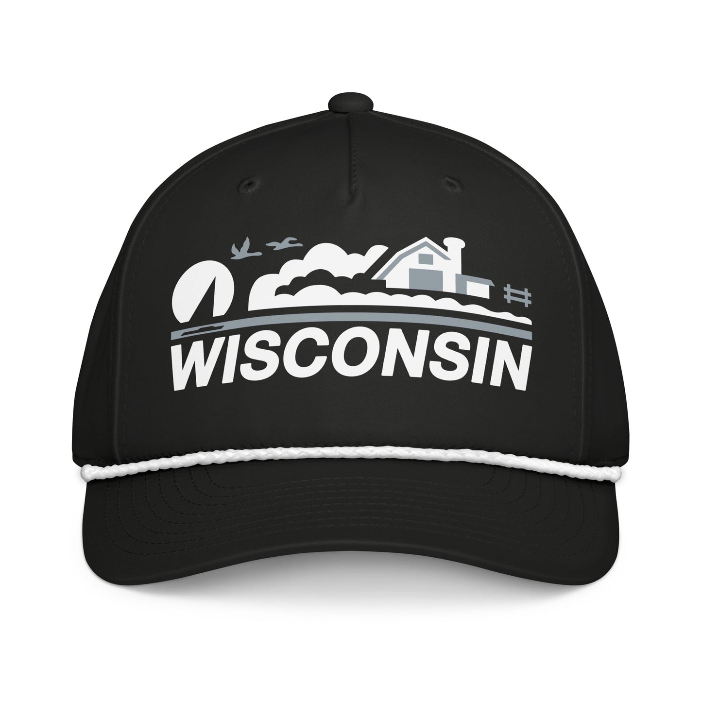 Black cap with 'Wisconsin' and a scenic design on a white background