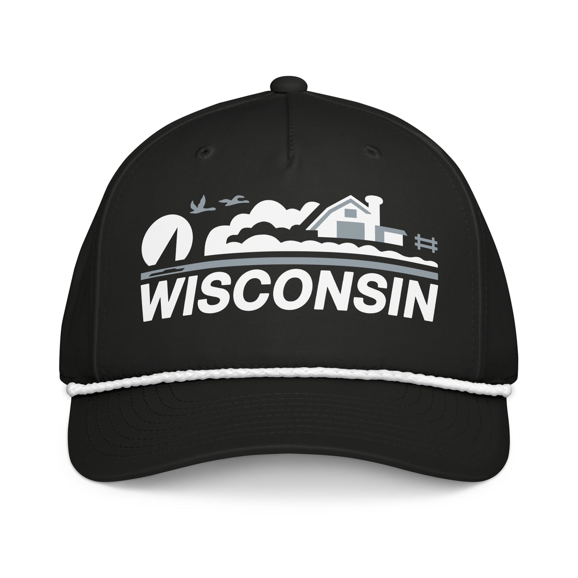Black cap with 'Wisconsin' and a scenic design on a white background