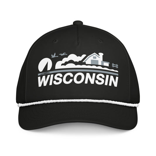 Black cap with 'Wisconsin' and a scenic design on a white background