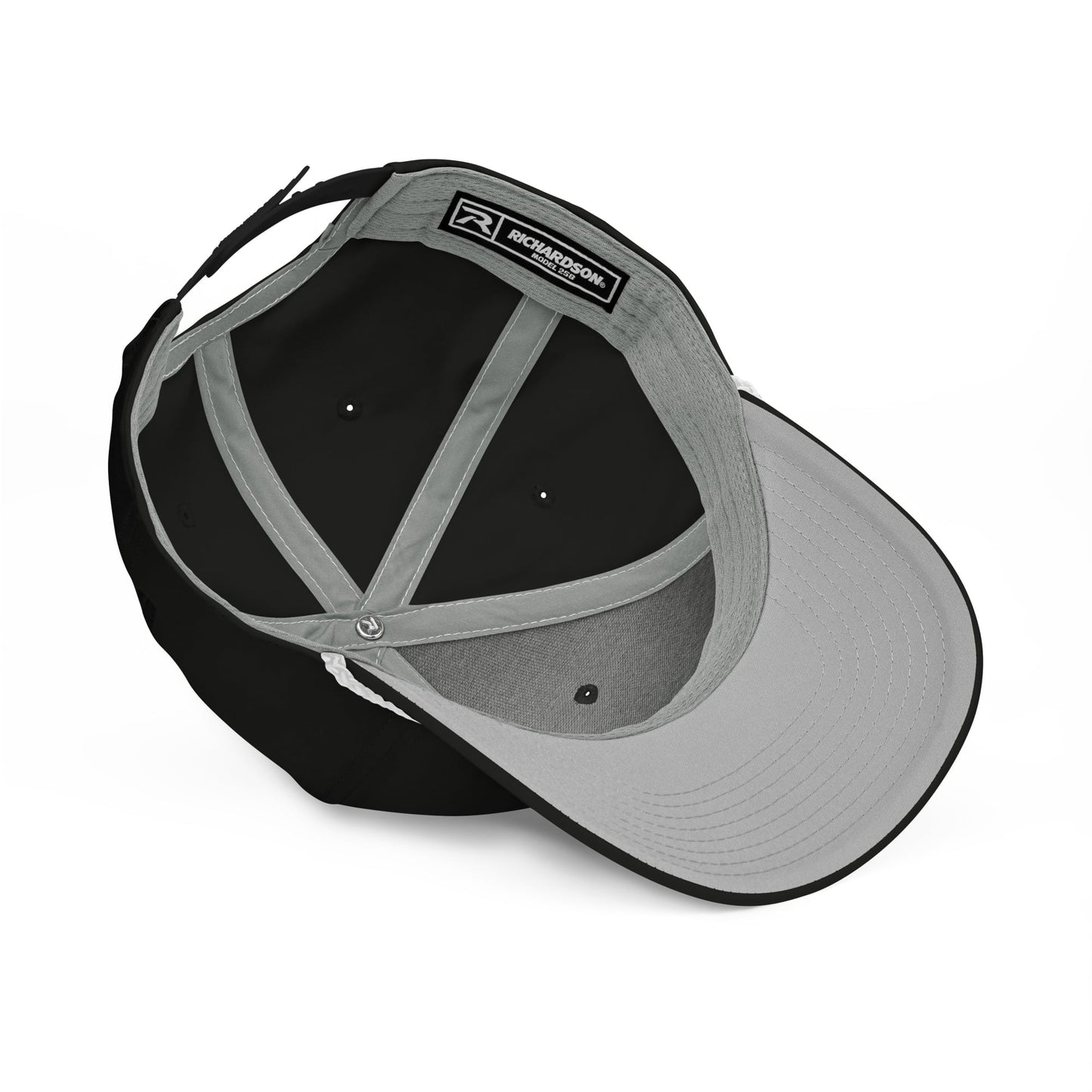 Gray and black cap with a brand logo on a white background