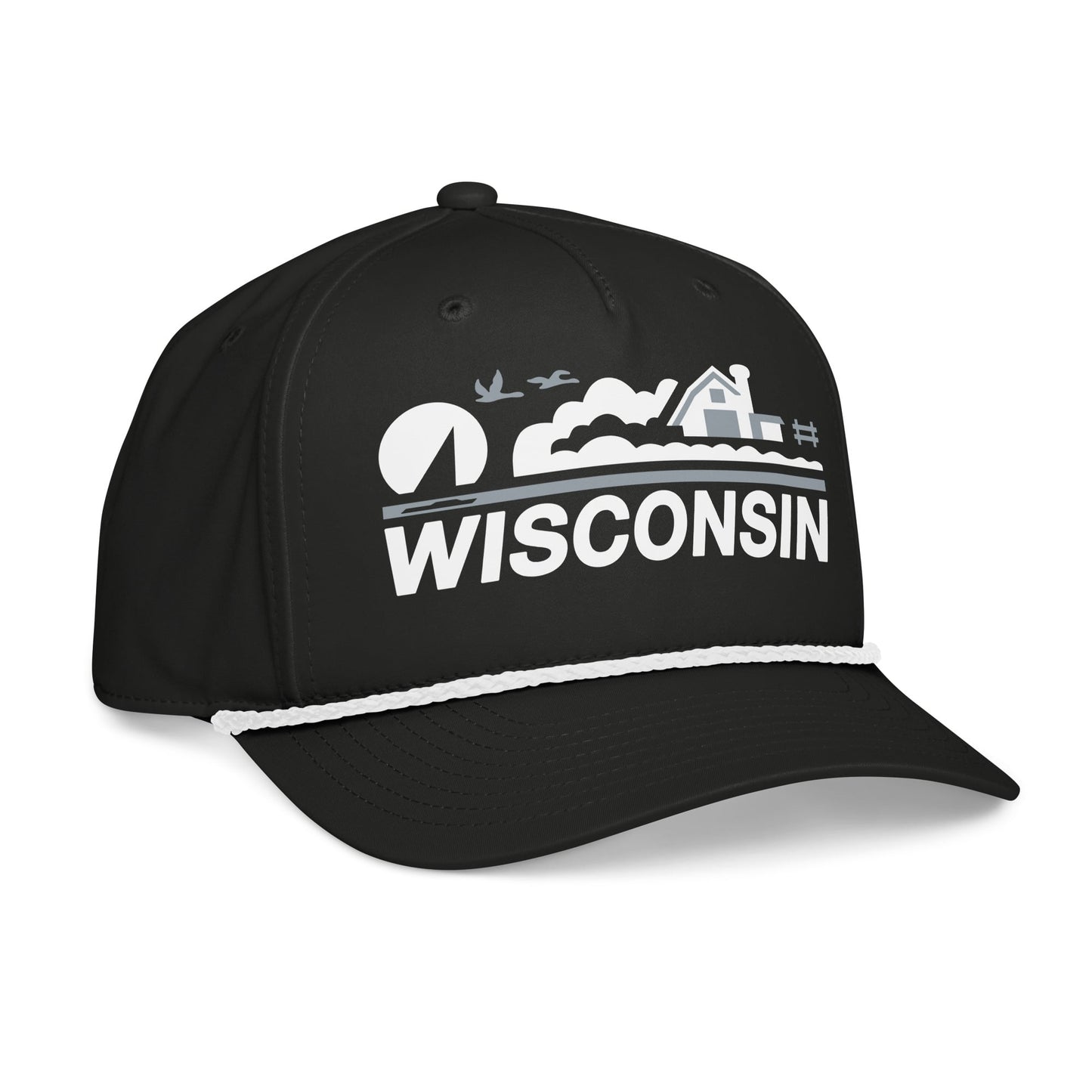 Black cap with 'Wisconsin' and landscape design on a white background