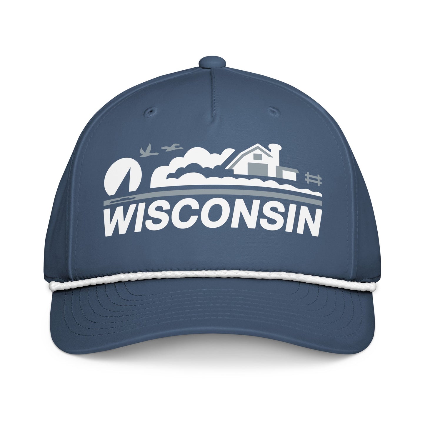 Blue cap with 'Wisconsin' and a landscape design on a white background