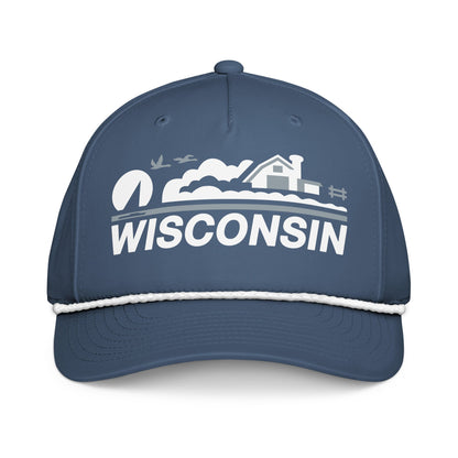 Blue cap with 'Wisconsin' and a landscape design on a white background