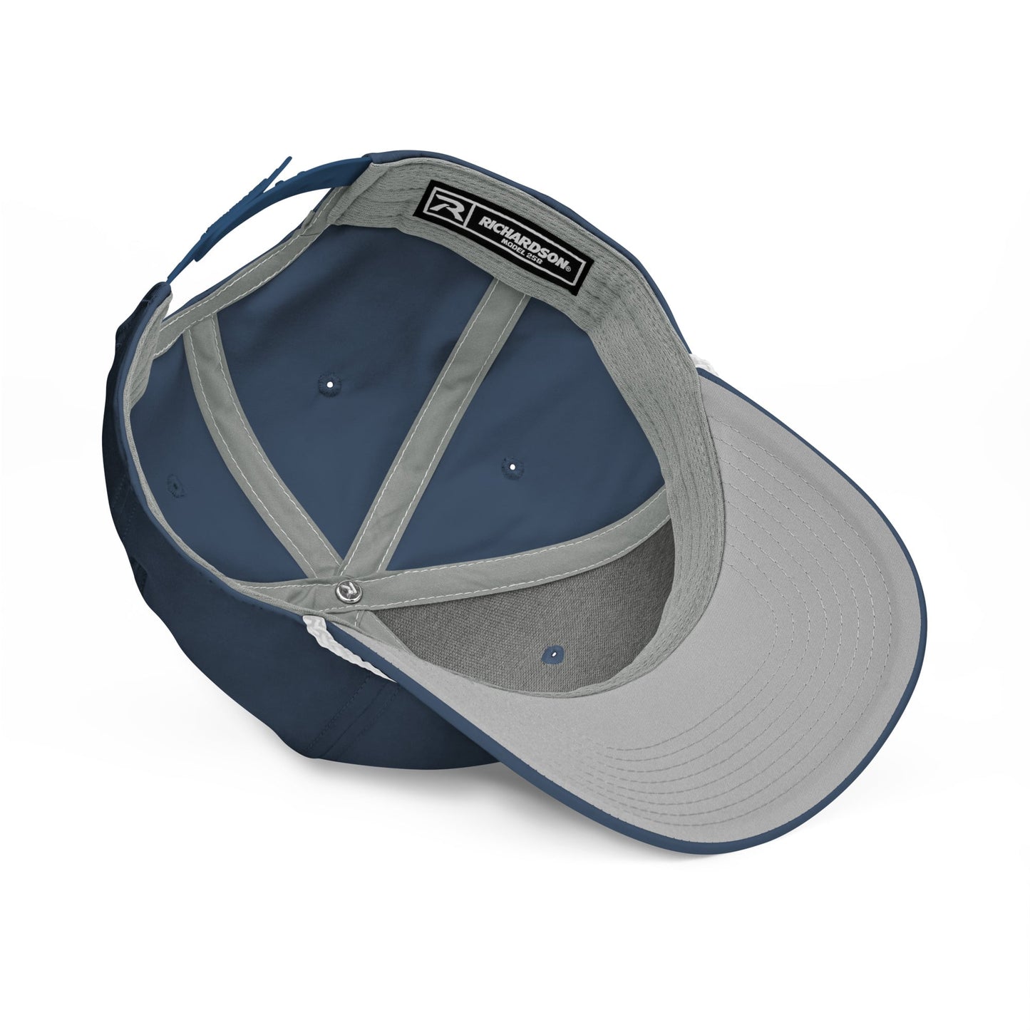 Navy and gray cap with a brand logo on a white background