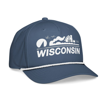 Blue cap with 'Wisconsin' and landscape design on a white background