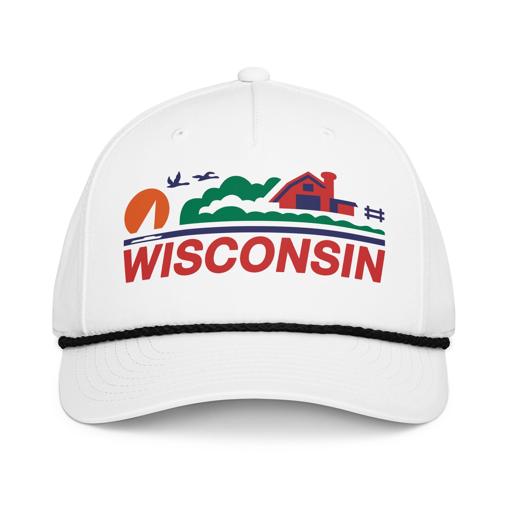 White cap with 'Wisconsin' and scenic design on a white background