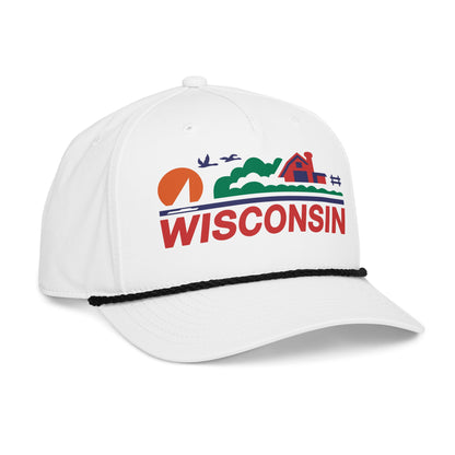White cap with 'Wisconsin' and landscape design on a white background
