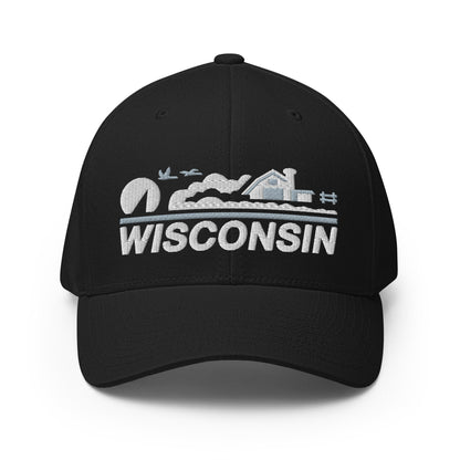 Black cap with 'Wisconsin' and mountain design on a white background