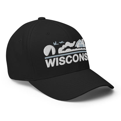Black cap with 'Wisconsin' and mountain design on a white background