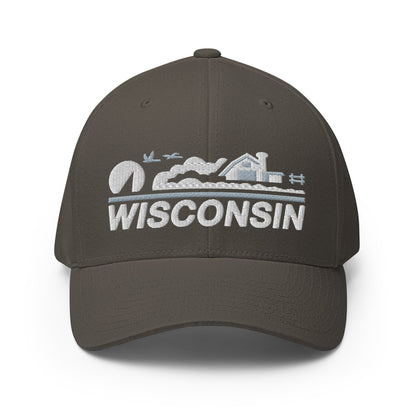 Dark gray cap with 'Wisconsin' and landscape design on a white background