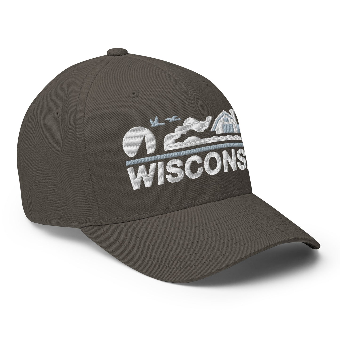 Dark gray cap with 'Wisconsin' and mountain design on a white background