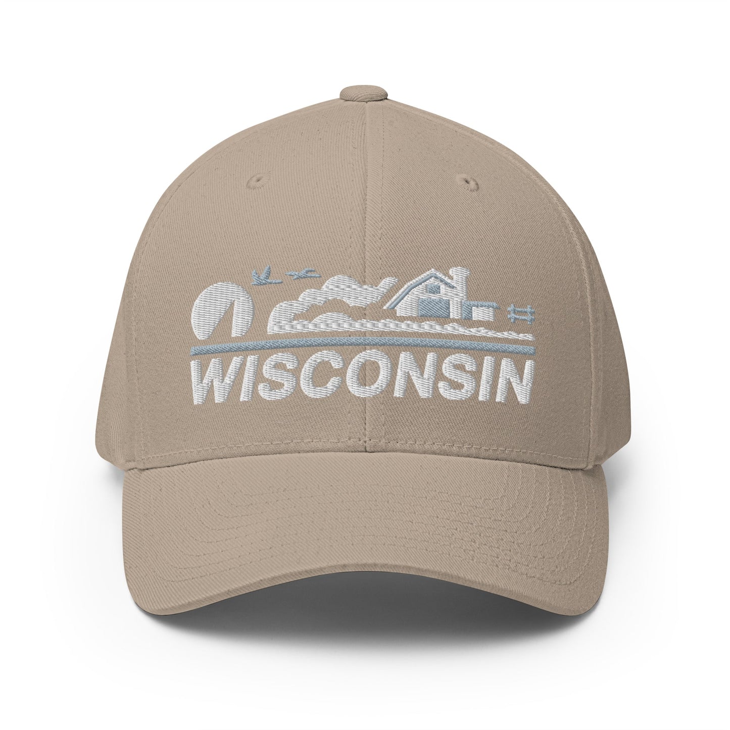 Beige cap with 'Wisconsin' and landscape design on a white background