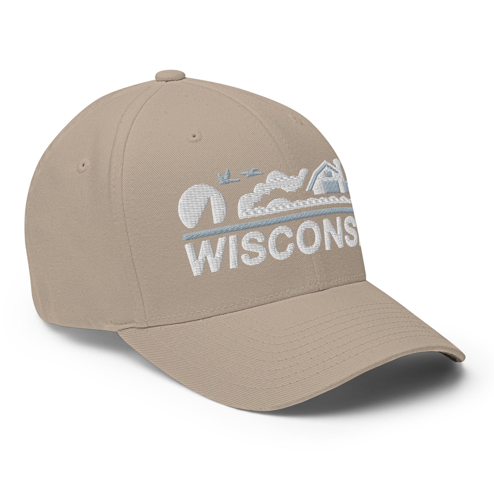 Beige cap with 'Wisconsin' text and logo on a white background