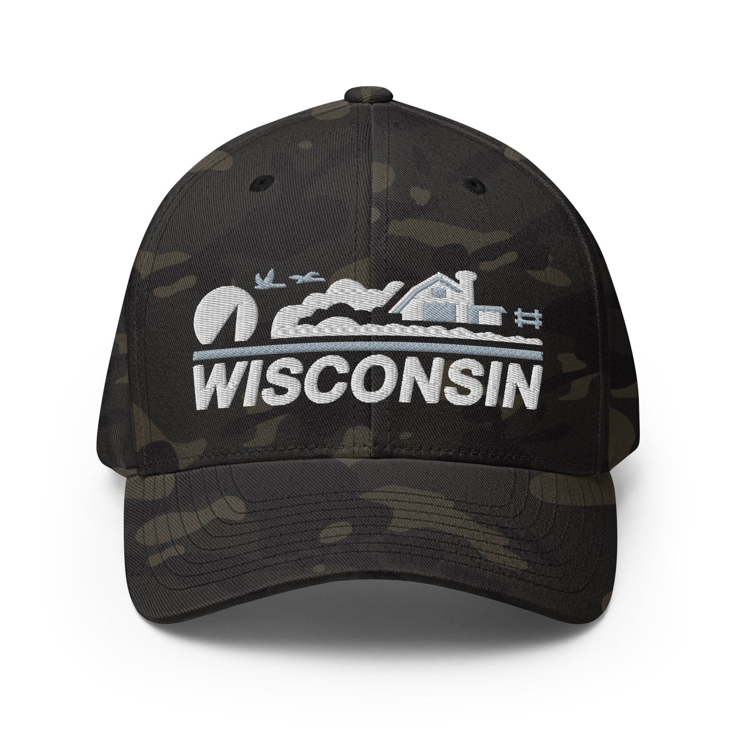 Black camouflage baseball cap with 'Wisconsin' logo on a white background