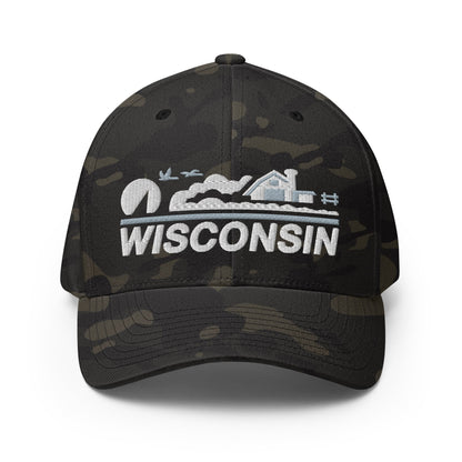 Black camouflage baseball cap with 'Wisconsin' logo on a white background