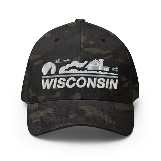 Black camouflage baseball cap with 'Wisconsin' logo on a white background