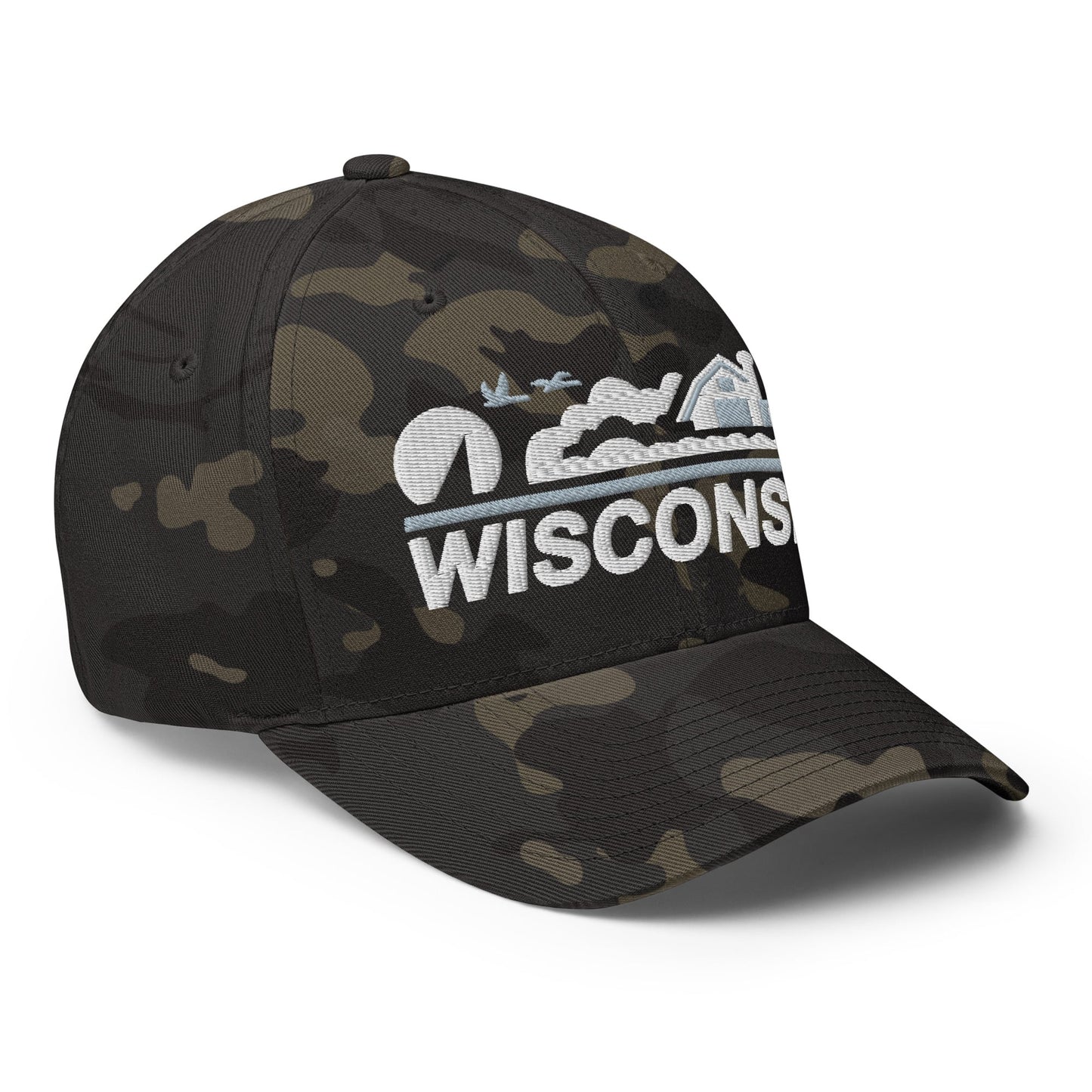 Camouflage baseball cap with 'Wisconsin' logo on a white background