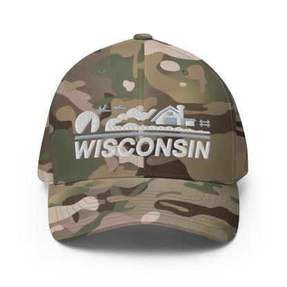 Camouflage cap with 'Wisconsin' and a graphic on a white background