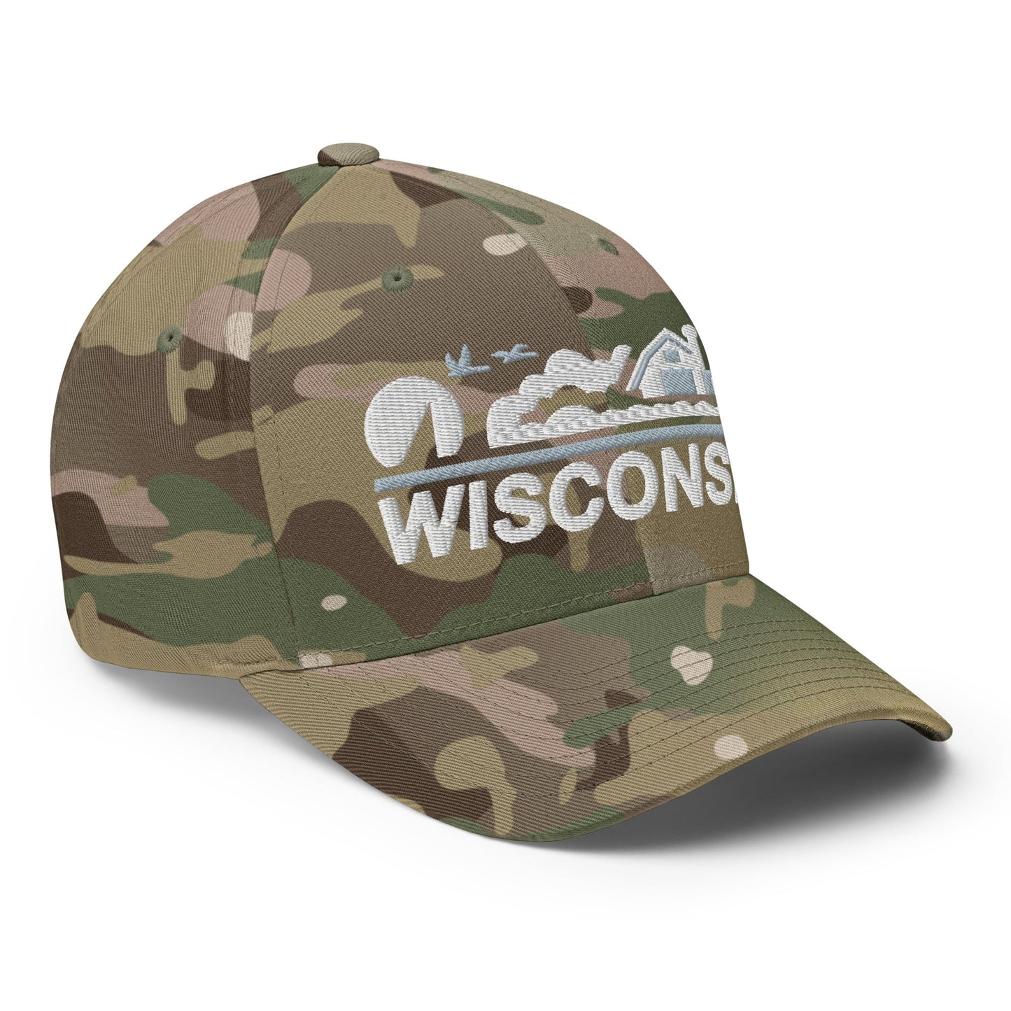 Camouflage baseball cap with 'Wisconsin' text on a white background