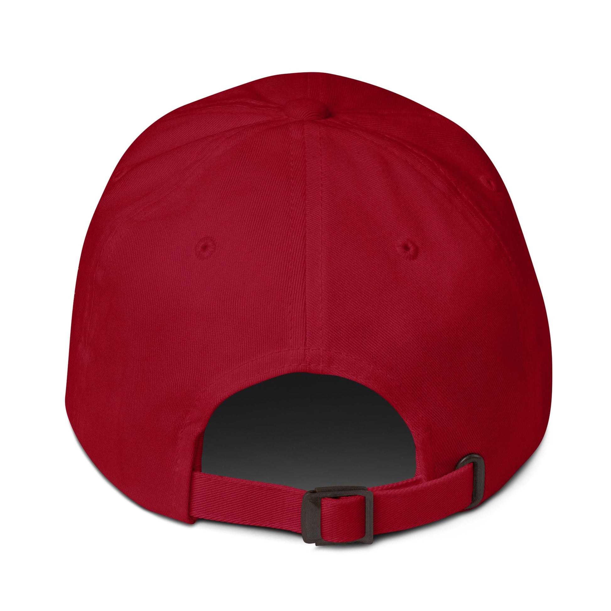 Red baseball cap with a strap on a white background