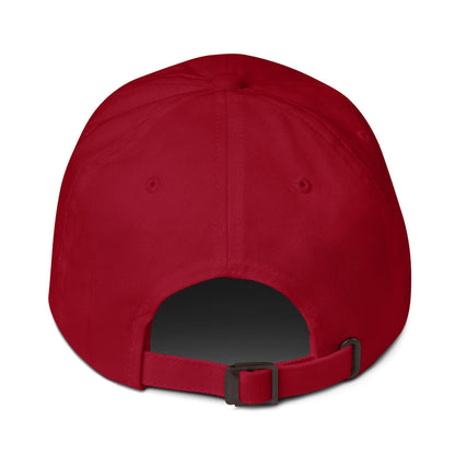 Red baseball cap with a strap on a white background