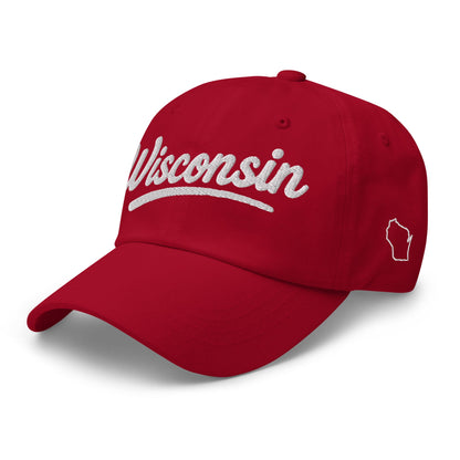 Red cap with 'Wisconsin' and a state outline on a white background