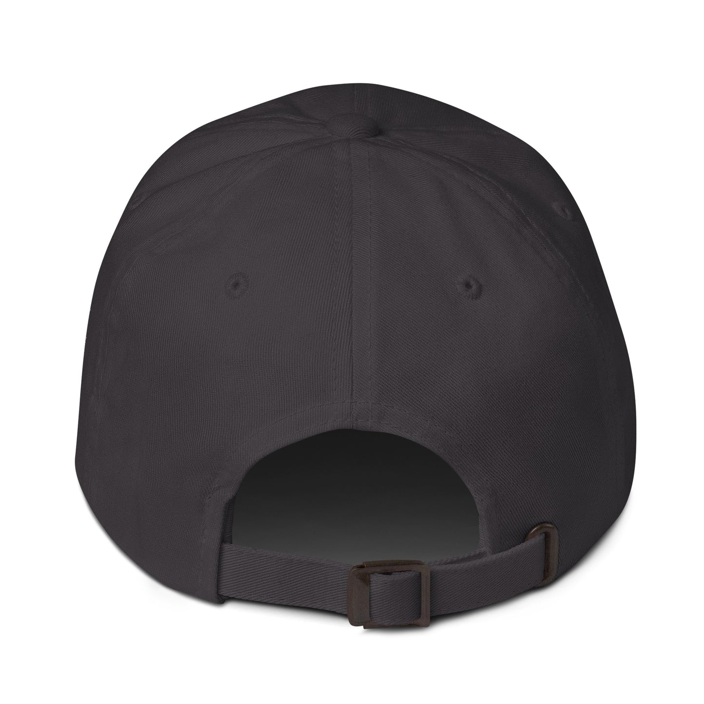 Black cap with a brown strap on a white background