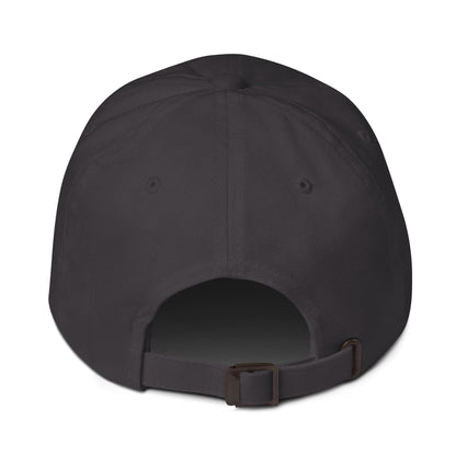 Black cap with a brown strap on a white background