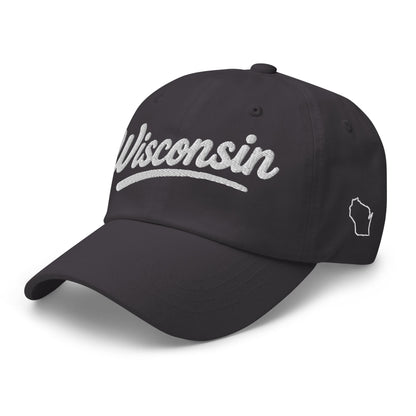 Black cap with 'Wisconsin' and a state outline on a white background