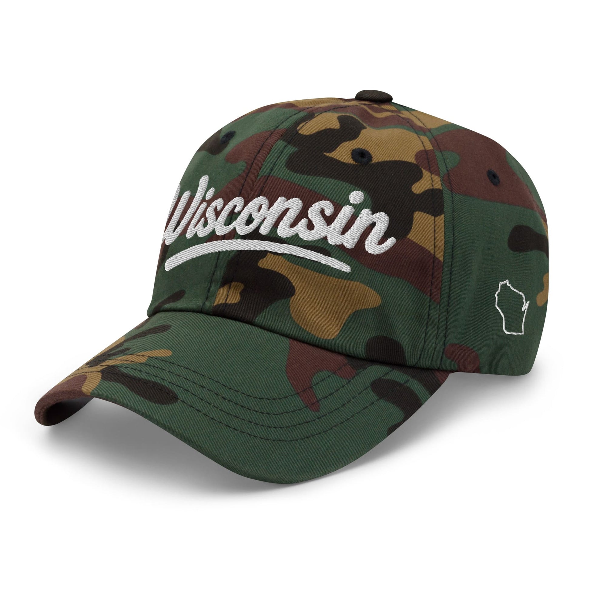 Camouflage cap with 'Wisconsin' text on a white background