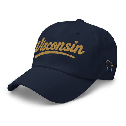 Navy blue cap with 'Wisconsin' in gold on a white background