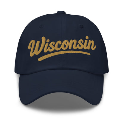 Navy blue cap with 'Wisconsin' embroidered in gold on a white background