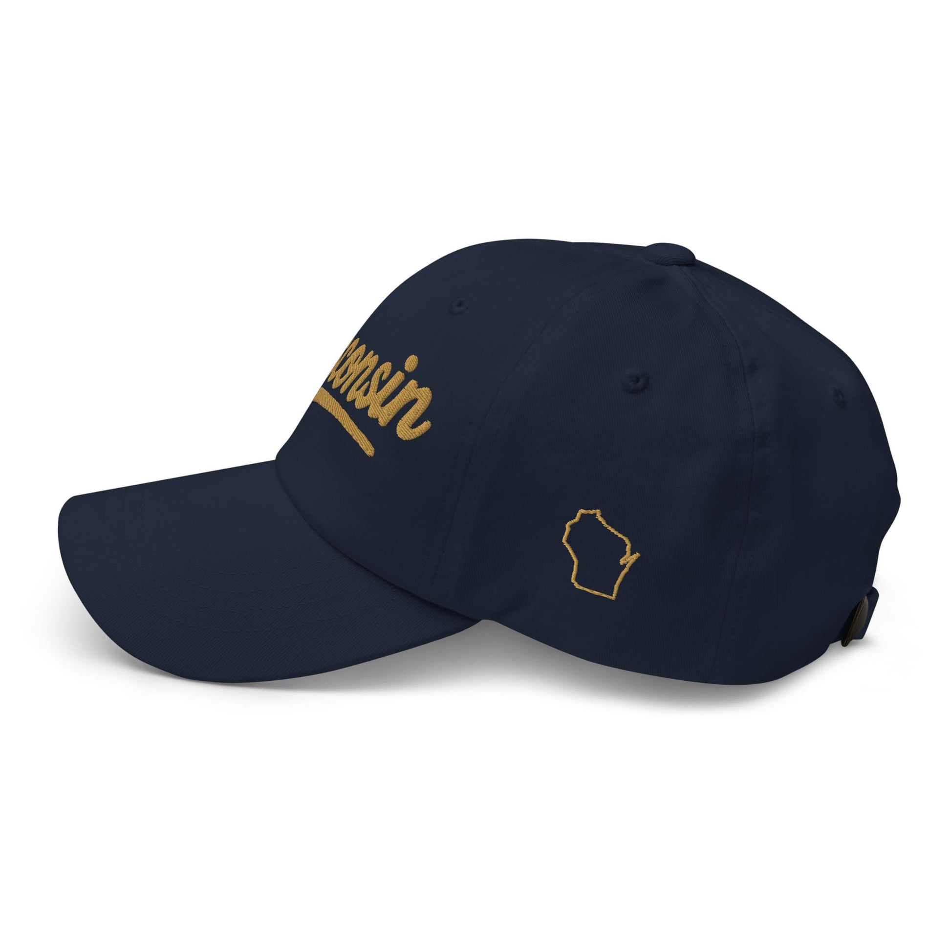 Navy blue cap with yellow text and outline on a white background