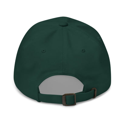 Dark green baseball cap with a brown buckle on a white background
