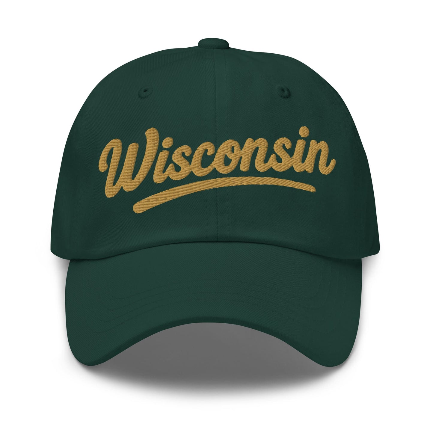Green cap with 'Wisconsin' embroidered in gold on a white background