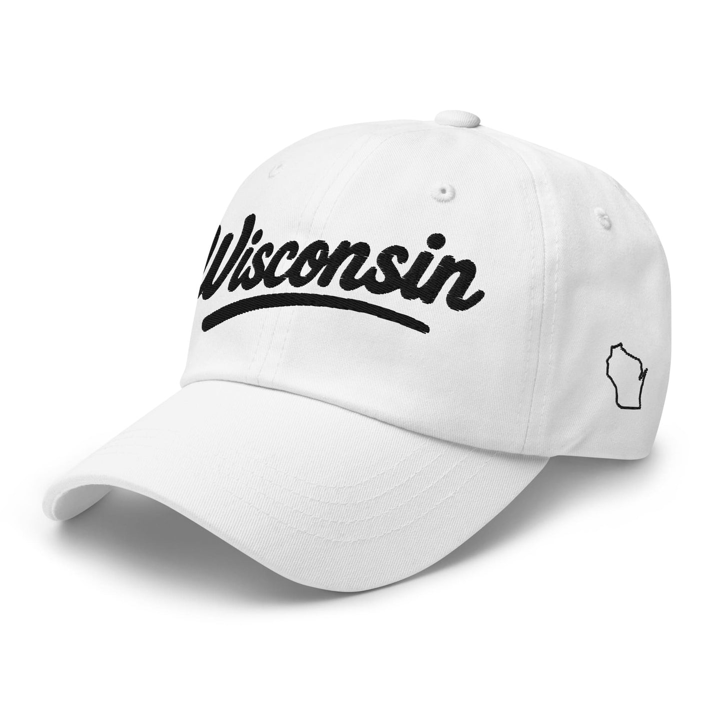 White cap with 'Wisconsin' text on a white background